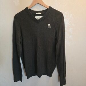 Abercrombie & Fitch Mens Muscle‎ Fit V-Neck Sweater Gray Large Moose Logo